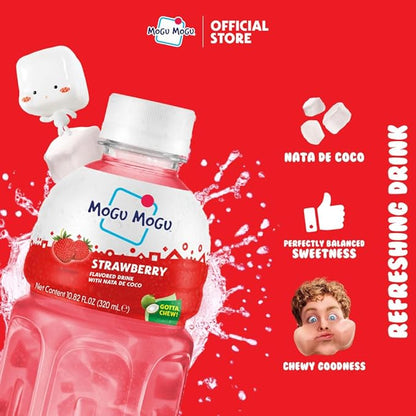 Mogu Mogu Strawberry Juice Drink (6 Bottles) with Limited Edition Cooler Bag – Chewy & Fun Strawberry Juice with Nata de Coco | Refreshing Drink for Kids & Adults | Ready to Drink Beverage Set