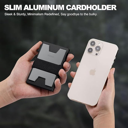 Slim Aluminum Card Holder Wallet for Men, Durable Expandable Backplate, RFID Blocking Minimalist Metal Pop Up Wallet, Holds 12+ Cards Plus Cash