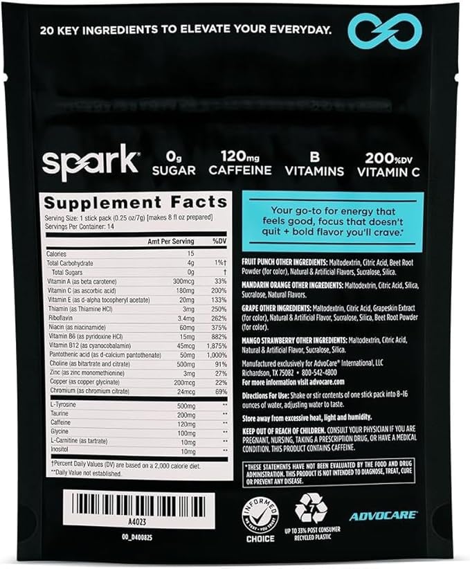 AdvoCare Spark - Energy Drink Mix - Vitamin & Amino Acid Supplement - Supports Energy & Focus - Portable Immune Support - Sugar-Free - 14 Servings- Variety Pack