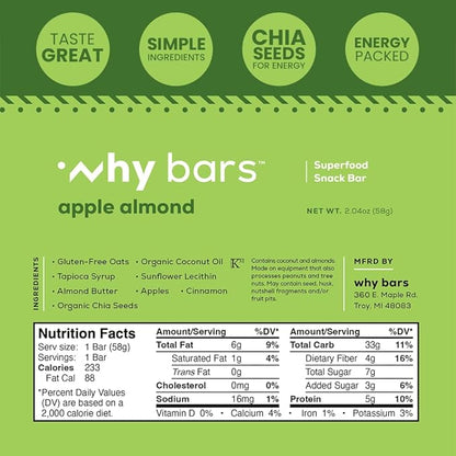 Protein Bars, Apple Almond, 2.04 Ounce Bars (Pack of 12 Protein Bars) - Protein Bar Superfood, Gluten Free, Non GMO, Organic, Vegan, Simple Ingredients