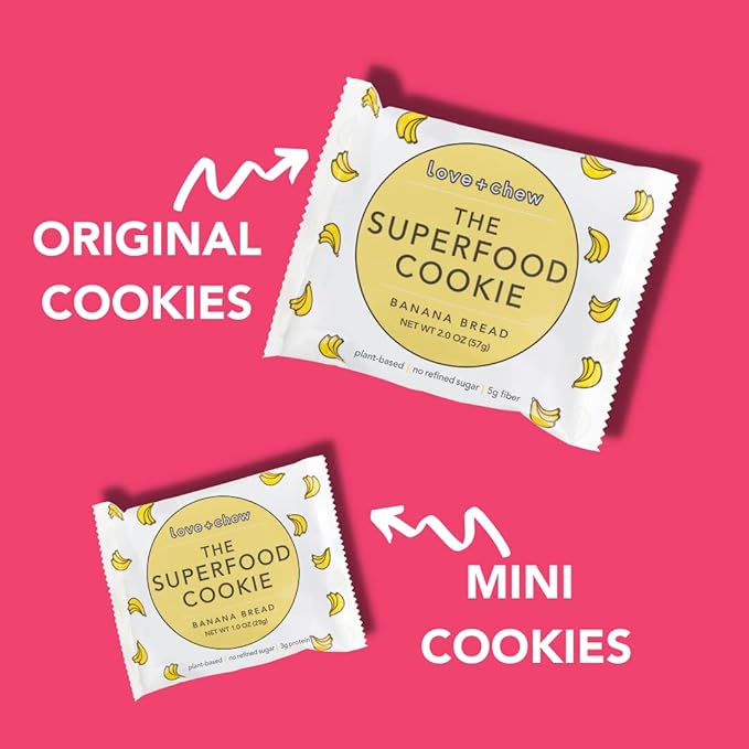 Love + Chew Superfood Soft Baked MINI Cookies, Banana Bread Flavor, Plant Based Cookie Made With Almonds, Chia Seeds, & Bananas for Kids and Adults, Vegan Snacks, Gluten Free, Paleo, Non GMO, 18 Pack