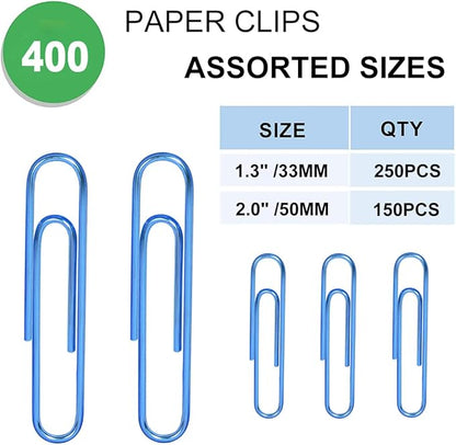 Vinaco Blue Paper Clips, 400PCS Assorted Sizes, 1.3" & 2" Paper Clips, Durable & Rustproof, Coated, Great for Office & School