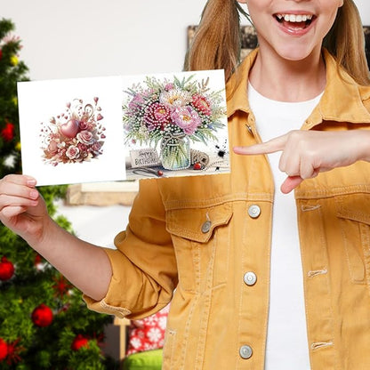 6PCS Diamond Art Painting Greeting Card Set, Bouquet Pattern DIY Cards with Envelopes for Xmas Birthdays Special Occasion Blessing