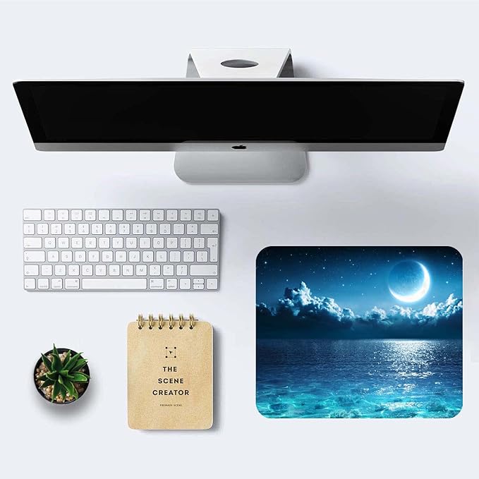 Ocean and Moon Mouse Pad, Romantic Moon On Sea in Magic Night, Waterproof Non-Slip Rubber Base Mousepad, 9.5"x7.9"x0.12" Inch