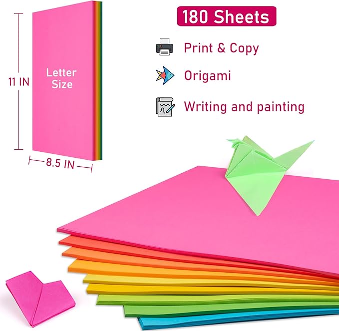 Color Print&Copy Paper 8.5x11 Inches,180 Sheets 6 Colors Pastel A4 Printer Paper 20 lb/90GSM Colored Multipurpose Computer Pastel Paper for Office Printer School Cutting DIY Kids