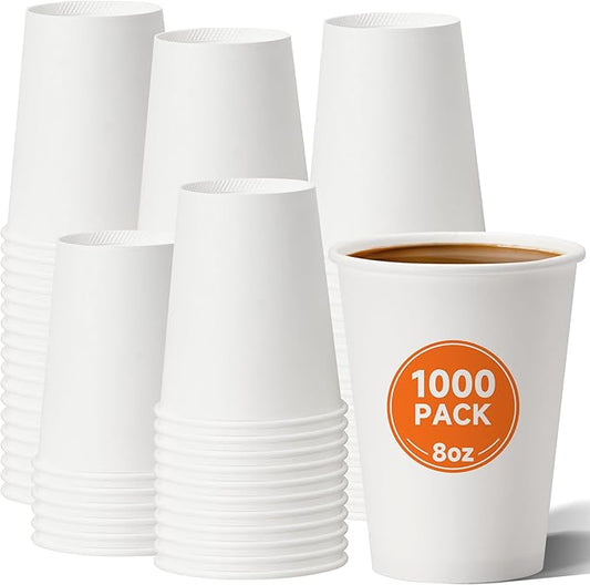 1000 Pack 8 oz Disposable Paper Cups, Paper Coffee Cups 8 oz, Hot Beverage Drinking Cups for Water, White, Suitable for Parties, Picnic, Travel, and Events