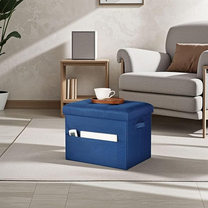 Storage Ottoman Foot Rest, Folding Linen Cotton Ottoman with Storage with Side Pockets and Handle, Foot Stool for Lounge, Study Corner, Home Office, 17x17x13 Inches, Dark Blue