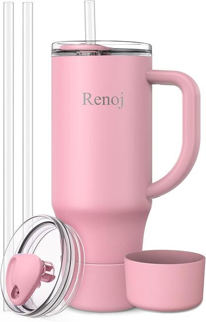 Renoj Tumbler with Handle 100% Spill Resistant Insulated Water Bottle for Iced Coffee & Hot Drinks - Fits Car Cup Holder, Ideal Gift, 2 Straws & Silicone Boot BPA-Free - FlexSlide Pink 40 oz