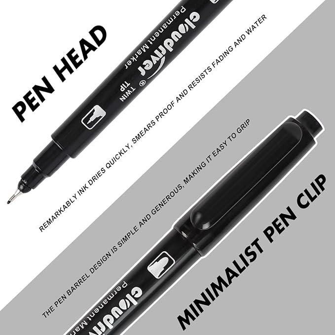 cloudriver Ultra Fine Permanent Markers, 60 Bulk Pack Twin Tip Black Permanent Marker Set, Waterproof and Quick Drying