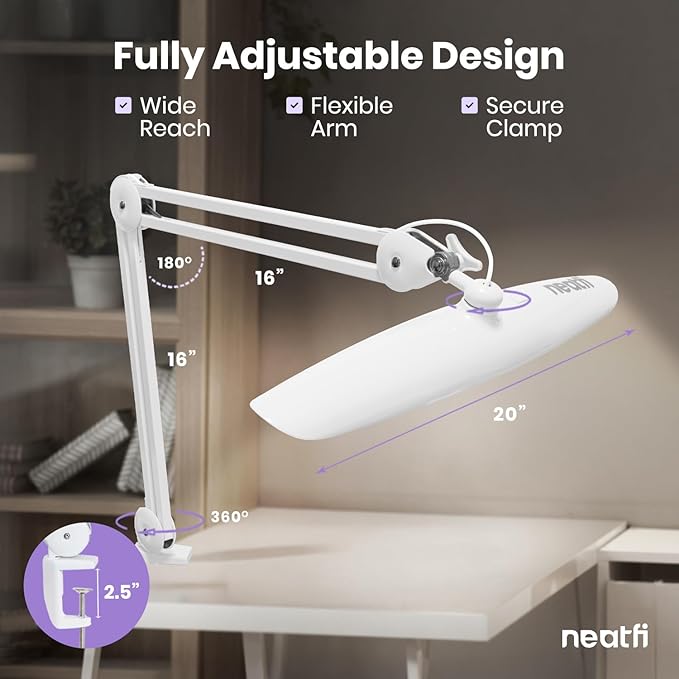 Neatfi XL LED Desk Lamp with Clamp, 2200 Lumens, 20W, 20-Inch Wide Head, Dimmable 4 Brightness Levels, 3 Color Modes 3000K–6000K, Task Light for Home Office, Crafts, Workbench (CCT, White)