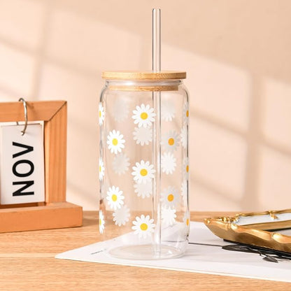 Cute Glass Cups with Lids and Straws, Daisy Flower Iced Coffee Smoothie Matcha Cup Tumbler Birthday Gifts for Women Sister Friend Her Preppy Teenage Girls Teen Girl Gifts Trendy Stuff Things