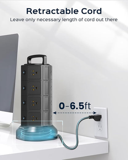 Power Strip Tower Surge Protector, JACKYLED 16 Outlets 6 USB (2 USB C) Charging Station, Extension Cord with Multiple Outlets, 1050J 1625W/13A Outlet Extender 6.5ft Extension Cord for Home Office