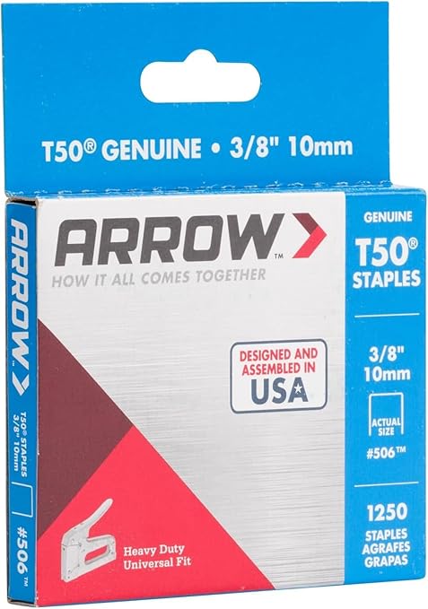 Arrow 506 T50 Heavy Duty Staples, 3/8-Inch Leg Length, 3/8-Inch Crown Width Staples for Upholstery, Construction, Furniture, Crafts, 1250-Pack