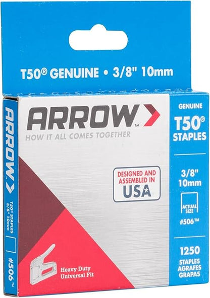 Arrow 506 T50 Heavy Duty Staples, 3/8-Inch Leg Length, 3/8-Inch Crown Width Staples for Upholstery, Construction, Furniture, Crafts, 1250-Pack