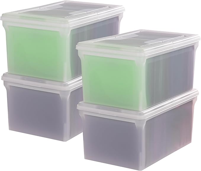 IRIS USA File Box, File Organizer w/Hinged Split Lid for Letter File, Important Document Box, Plastic Storage Filing Bin for Moving, Stackable Nestable Portable, Pearl 44 Qt. 4 Pack