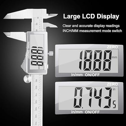 Preciva Digital Caliper, Electronic Stainless Steel Caliper Measuring Tool, Micrometer Calipers with Large LCD Screen, Switch from Inch Metric Fraction, Auto-Off Feature (6INCH/150MM)
