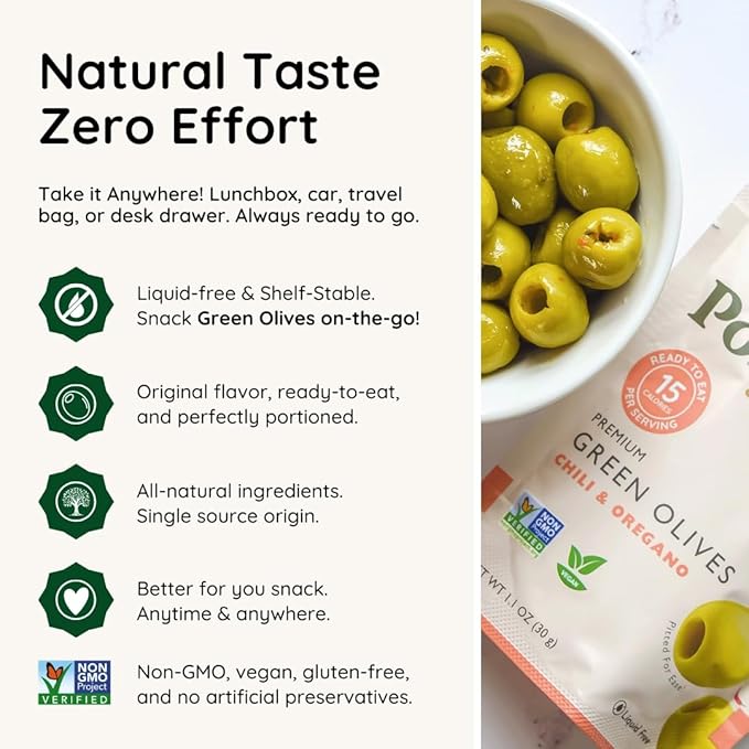 POSHI Green Pitted Olives - Chili & Oregano | Vegan, Kosher, Gluten Free + Keto Friendly, Fresh, All Natural Low Calorie Healthy Snacks | (30 Pack, 1.1oz Bags)