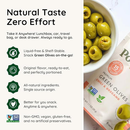 POSHI Green Pitted Olives - Chili & Oregano | Vegan, Kosher, Gluten Free + Keto Friendly, Fresh, All Natural Low Calorie Healthy Snacks | (30 Pack, 1.1oz Bags)