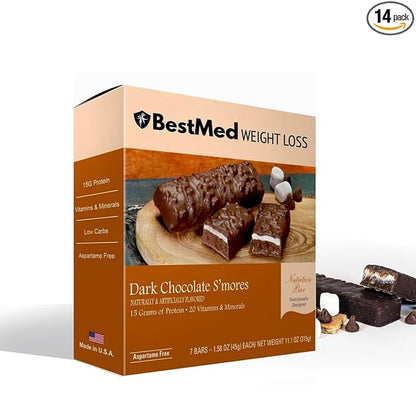 BestMed - High Protein Nutrition Bar - Low-Carb, 15g Protein, Low Sugar, High Fiber, Low Calorie, Meal Replacement Bar (Dark Chocolate S'mores, 2 Box - 14 Count)