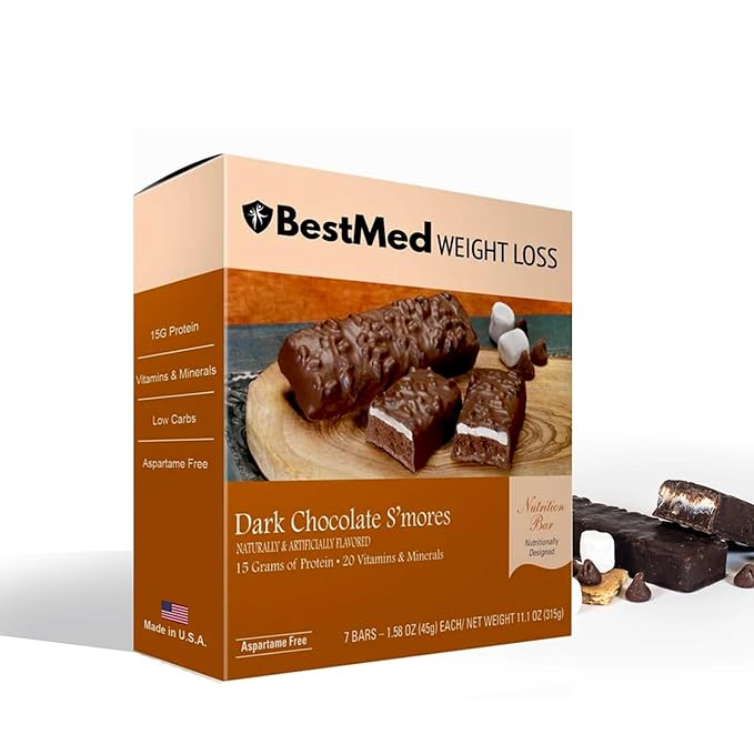 BestMed - High Protein Nutrition Bar - Low-Carb, 15g Protein, Low Sugar, High Fiber, Low Calorie, Meal Replacement Bar (Dark Chocolate S'mores, 4 Box - 28 Count)