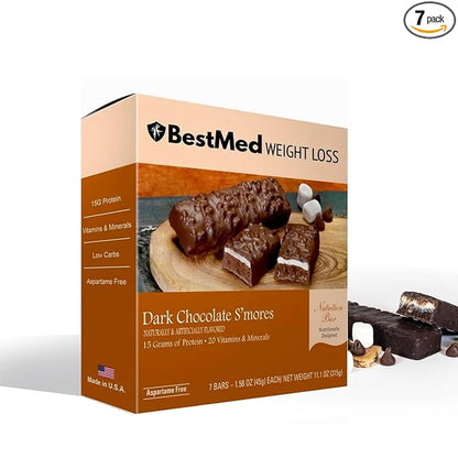 BestMed - High Protein Nutrition Bar - Low-Carb, 15g Protein, Low Sugar, High Fiber, Low Calorie, Meal Replacement Bar (Dark Chocolate S'mores, 1 Box - 7 Count)