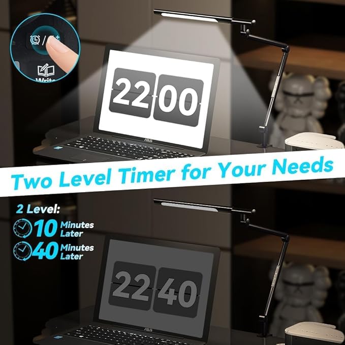 Adjustable LED Desk Lamp Modern Black - Clamp Mount Office Table Light with Desktop Remote Control, Adjustable Brightness & Color Temperature, 5 Lighting Modes for Reading, Computer, DIY