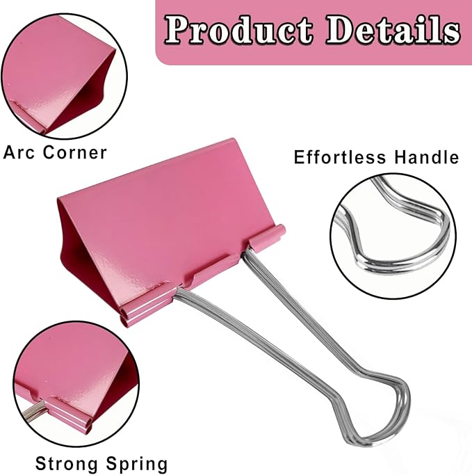 18PCS Jumbo Binder Clips 3 Inch, Pink, Binder Clips Extra Large Heavy Duty for Office Supplies