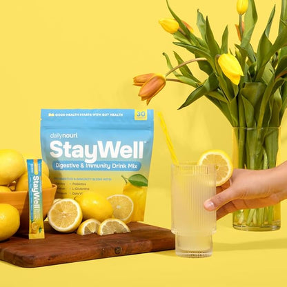 DAILYNOURI StayWell Digestive & Immunity Drink Mix | Supports Gut Health, Digestion, Immunity & Energy | Probiotics, Prebiotics, Colostrum & Daily Vitamins | 30 Stick Packs