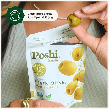 POSHI Green Pitted Olives - Basil & Garlic | Vegan, Kosher, Gluten Free + Keto Friendly, Fresh, Low Calorie Healthy Snacks | (30 Pack, 1.1oz Bags)