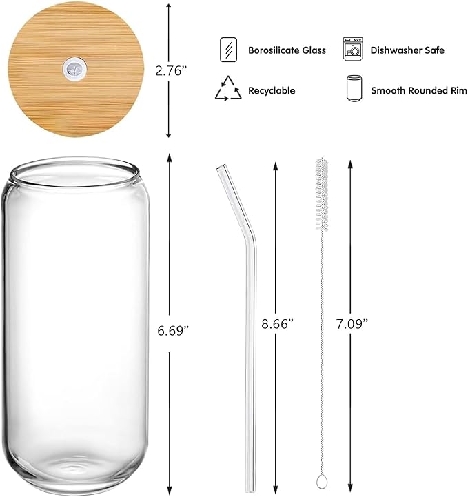 20oz Glass Cups with Lids and Straws Set of 4 – Aesthetic Large Iced Coffee Tumblers for Women, Friends, or Couples – Gift-Ready Reusable Drinkware for Home, Office, or Christmas