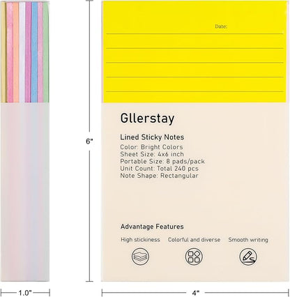 8 Pack Lined Sticky Notes 4x6 in Ruled Stickies Super Sticking Power Memo Pads Bright Colors, 240 Sheets Strong Adhesive Lined Sticky Notes, Eucalyptus & Mint Scented Post it Notes- Teacher Supplies