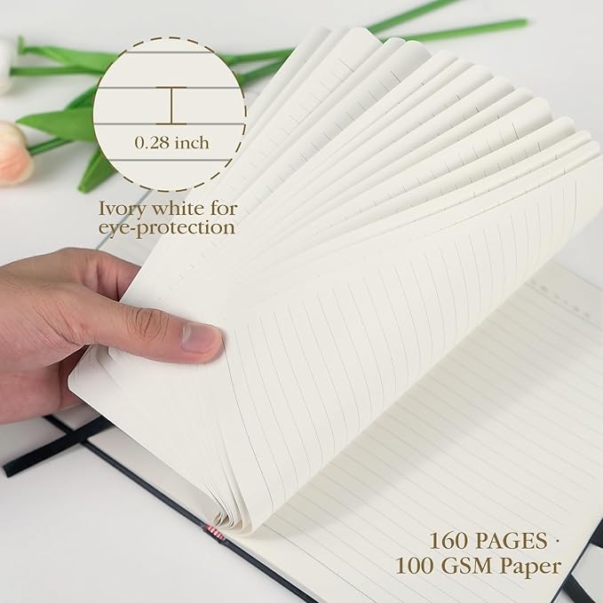 A5 Lined Journal Notebook - 100 GSM Thick Paper, Hardcover Journaling Notebook for Writing, Work, Travel, School, College Ruled Journal for Women and Men, PU Leather Note Book, 5.5”x8.3”- Black
