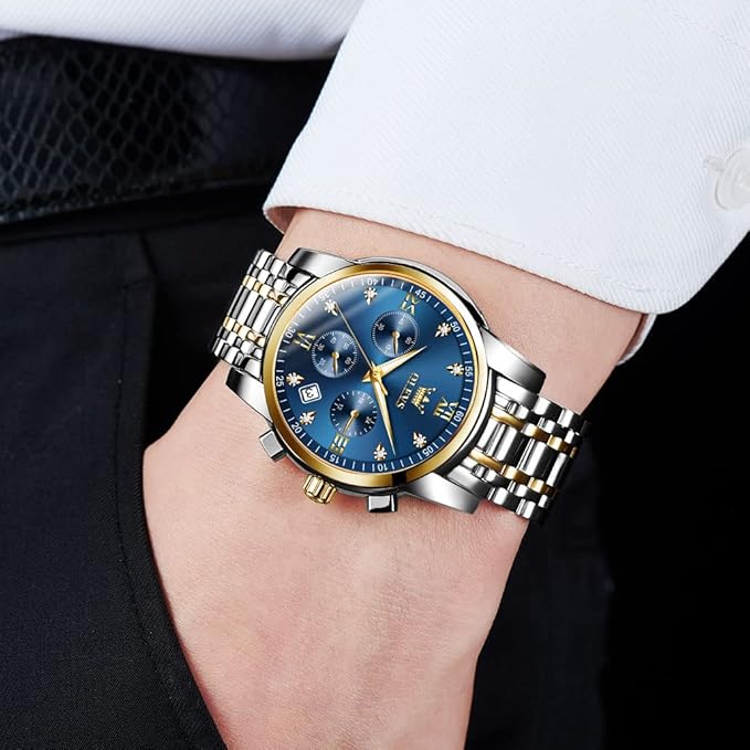 OLEVS Men's Stainless Steel Chronograph Watch, Big Face Gold Silver Black Tone Easy to Read Analog Quartz Watch, Luxury Waterproof Date Diamond Roman Arabic Numerals Dial Dress Watch for Men