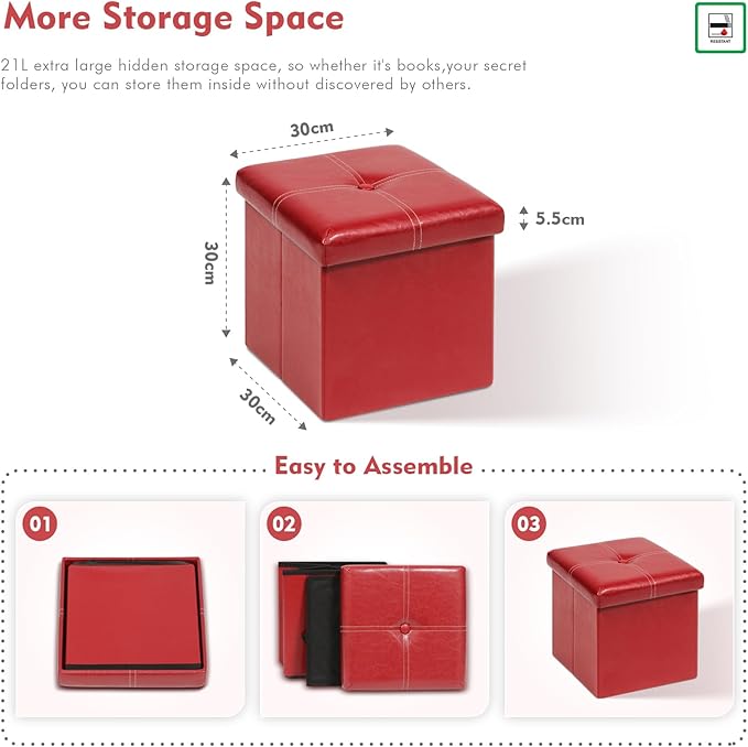 B FSOBEIIALEO Folding Storage Ottoman Cube, Faux Leather Footrest Seat Coffee Table, Red 11.8"x11.8"x11.8"