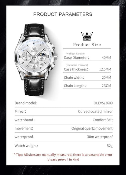 OLEVS Men's Leather Analog Quartz Watch - Luxury Chronograph Wristwatch With Date, Waterproof, Luminous - Dress Style