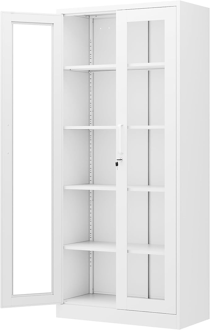 Display Storage Cabinet with Glass Door, 71 Inches Metal Curio Cabinet with 4 Adjustable Shelves, Locking Glass Display Case for Home, Office, Clinic, Pantry, Assemble Required (White)