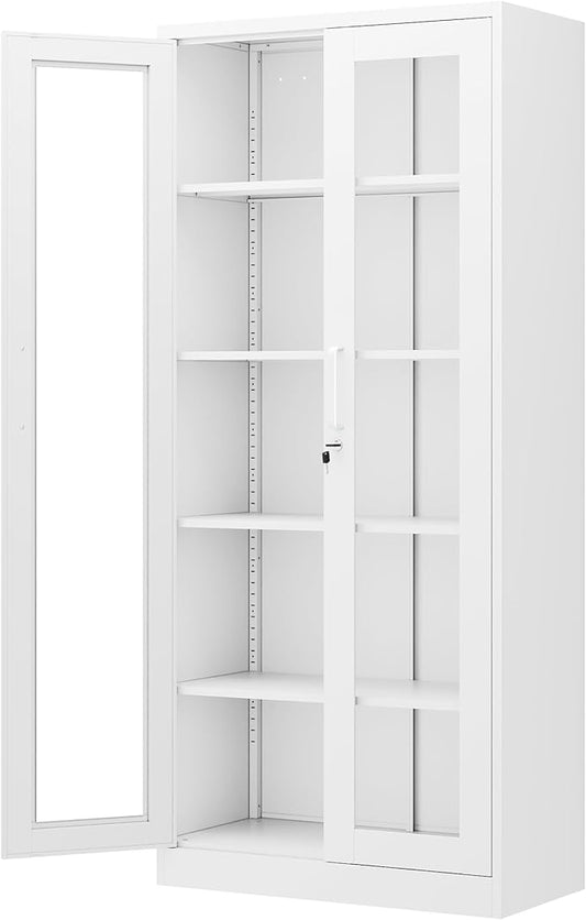 Display Storage Cabinet with Glass Door, 71 Inches Metal Curio Cabinet with 4 Adjustable Shelves, Locking Glass Display Case for Home, Office, Clinic, Pantry, Assemble Required (White)