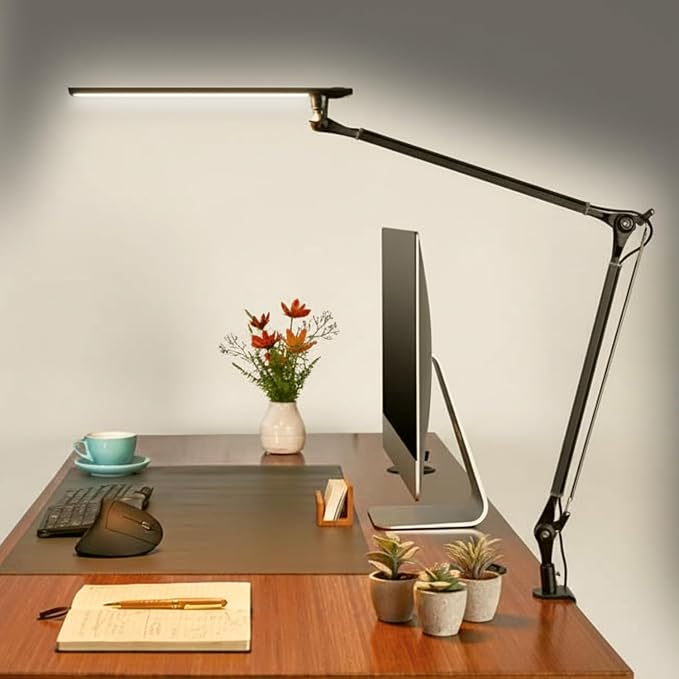 UPLIFTDESK E7 LED Desk Lamp - Adjustable 3 Color Modes, Dimmable Home Office Desk Light for Standing Desk, Dual Monitors, Aluminum Task Lamp (Silver Base)