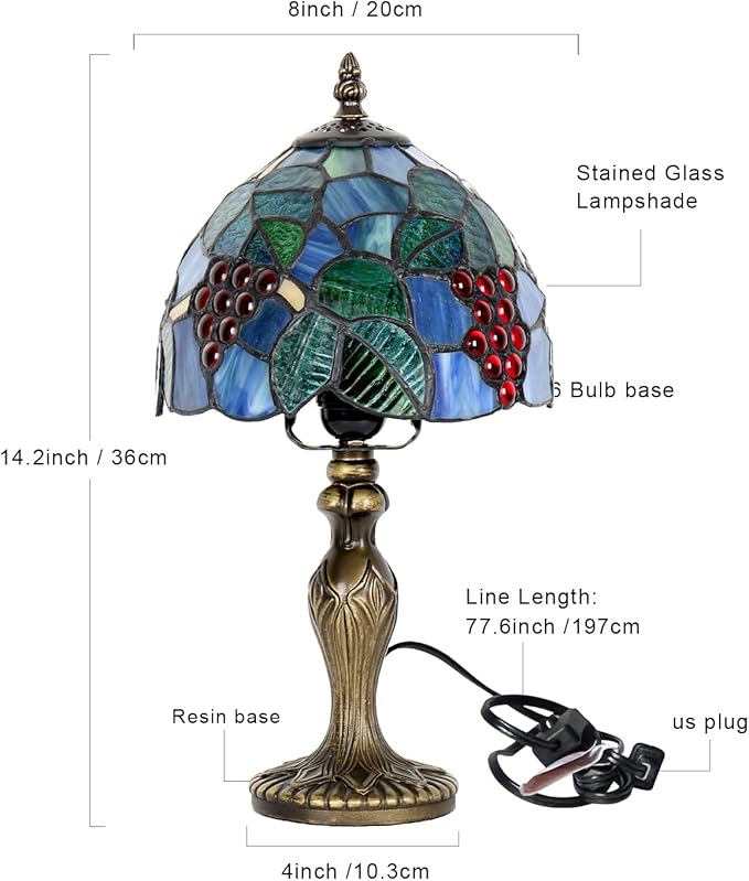 Stained Glass Lamp, Grape Style Table Lamp, 8 Inch Small Antique Lamp, for Bedside Nightstand Bedroom Living Room Home Office