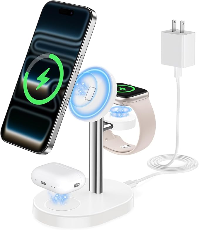 2026 3 in 1 Wireless Charging Station for Apple MagSafe Charger, 15W Fast Magnetic Mag-Safe Charger Stand for iPhone 17 16 15 14 13 12 Apple Watch AirPods Series, SilverWhite