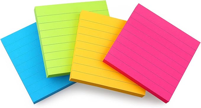 Lined Sticky Notes 3x3 Sticky Notes with Lines Self-Stick Notes Bright Color 4 Pads 90 Sheets/Pad (Bright)