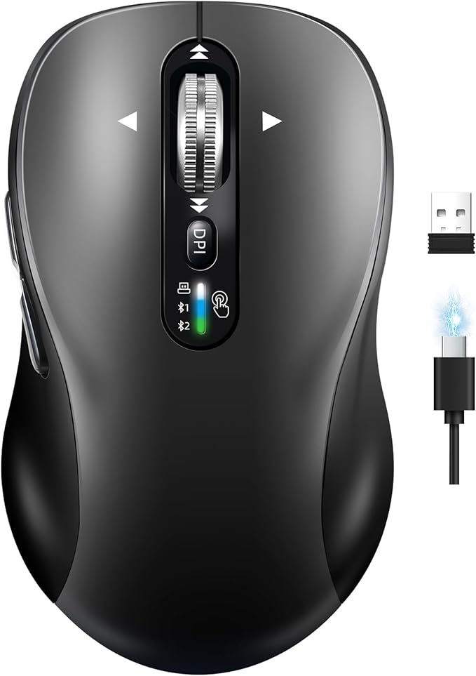 Wireless Bluetooth Mouse,Multi Device Ergo Computer Mouses,Metal 4-Way Super Scrolling,± 3200 DPI,10 Buttons,Plug&Play,Quiet,Rechargeable,USB Cordless Mice for Laptop,Tablet,Mac,iPad,PC,Phone (Grey)
