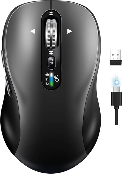Wireless Bluetooth Mouse,Multi Device Ergo Computer Mouses,Metal 4-Way Super Scrolling,± 3200 DPI,10 Buttons,Plug&Play,Quiet,Rechargeable,USB Cordless Mice for Laptop,Tablet,Mac,iPad,PC,Phone (Grey)