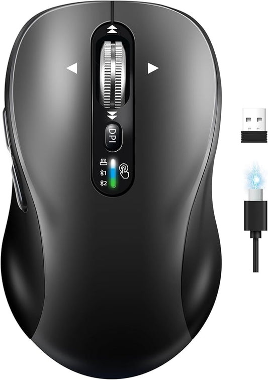 Wireless Bluetooth Mouse,Multi Device Ergo Computer Mouses,Metal 4-Way Super Scrolling,± 3200 DPI,10 Buttons,Plug&Play,Quiet,Rechargeable,USB Cordless Mice for Laptop,Tablet,Mac,iPad,PC,Phone (Grey)