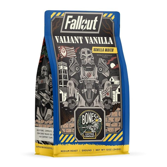 Bones Coffee Company Fallout Valiant Vanilla, Vanilla Wafer Flavored Coffee, Medium Roast Low Acid Arabica Beans Compatible with Auto drip and French Press Coffee Maker, 12 Oz Ground