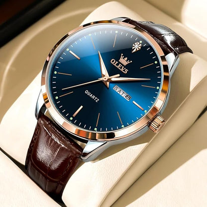 OLEVS Mens Watches Vintage Leather Band Dress Classic Easy Reader Arabic Numerals Analog Quartz Waterproof Date and Day Blue/Black/White Large Face Men's Wrist Watches