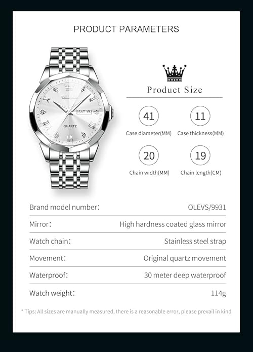 OLEVS Mens Watch Stainless Steel Analog Quartz Watches for Men Day Date Easy Read Diamond Waterproof Dress Luxury Classic Casual Big Face Blue/Black/Gold/Silver Roman Arabic Numerals Men's Wrist Watch