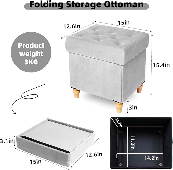 CAROLMADE Folding Storage Ottoman Cube Velvet Footstool with Wood Legs Ottoman Footrest for Living Room and Bedroom, Grey 15"x12.6"x15.4”