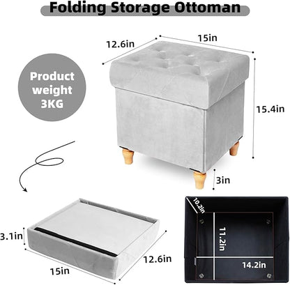 CAROLMADE Folding Storage Ottoman Cube Velvet Footstool with Wood Legs Ottoman Footrest for Living Room and Bedroom, Grey 15"x12.6"x15.4”