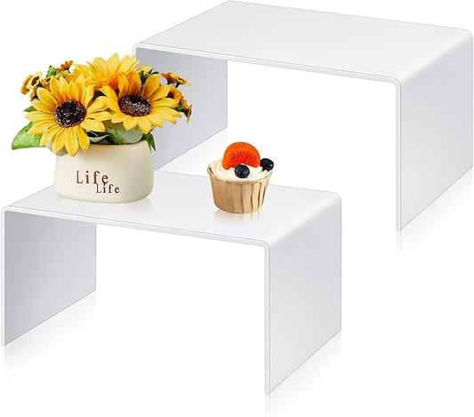 2 Pcs 14 Inch Large Acrylic Risers Display Stands 5 mm Thick Acrylic Shelf Riser Showcase for Collectibles Jewelry Cupcakes Food Figures Perfume Cabinet (White)